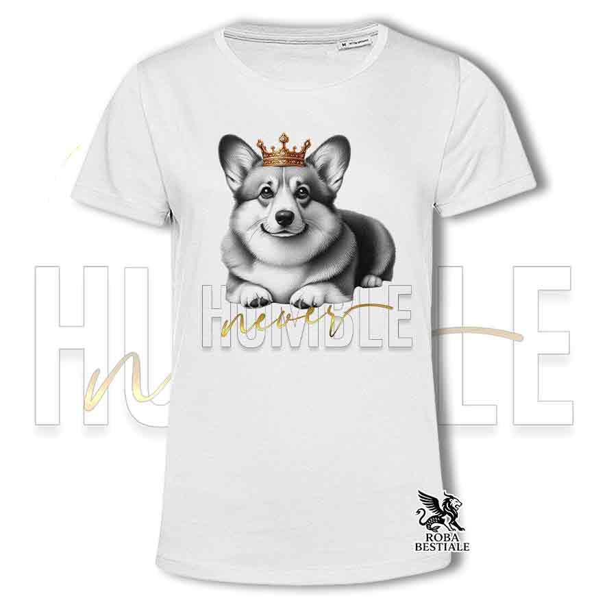 T-shirt bianca stampata con un Welsh Corgi Pembroke, grafica Never Humble