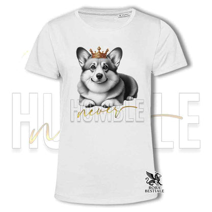 T-shirt bianca stampata con un Welsh Corgi Pembroke, grafica Never Humble