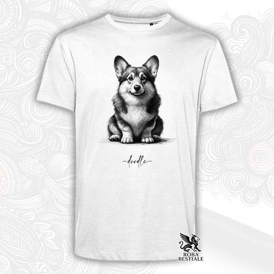 T-shirt bianca stampata con un Welsh Corgi Pembroke, grafica Doodle