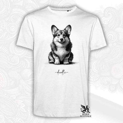 T-shirt bianca stampata con un Welsh Corgi Pembroke, grafica Doodle
