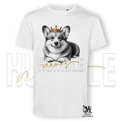 T-shirt bianca stampata con un Welsh Corgi Pembroke, grafica Never Humble