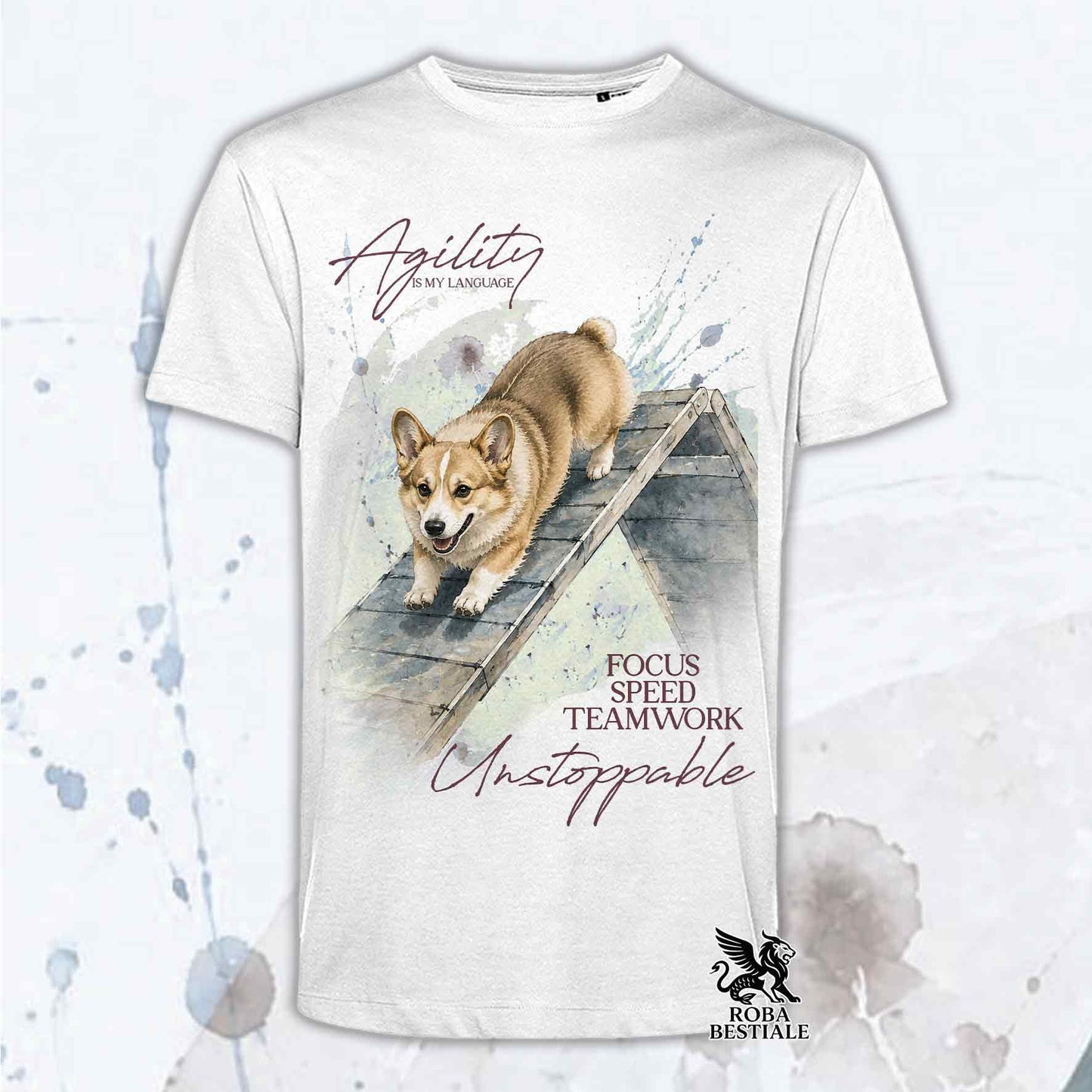 T-shirt bianca stampata con un Welsh Corgi Pembroke che fa Agility. Grafica originale Roba Bestiale, collezione A-Frame