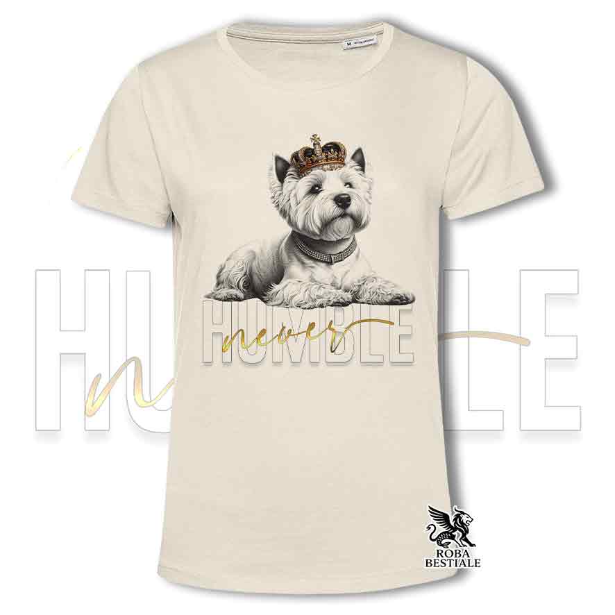 T-shirt beige stampata con un West Highland White Terrier, grafica Never Humble