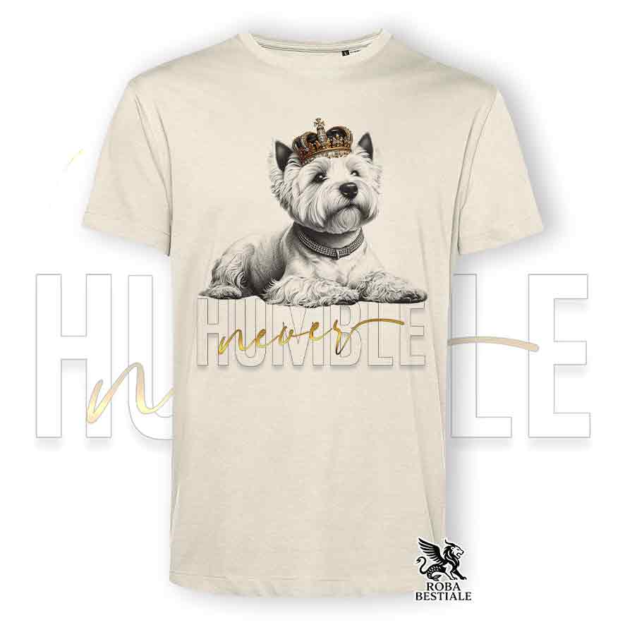 T-shirt beige stampata con un West Highland White Terrier, grafica Never Humble