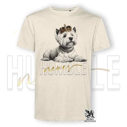 T-shirt beige stampata con un West Highland White Terrier, grafica Never Humble
