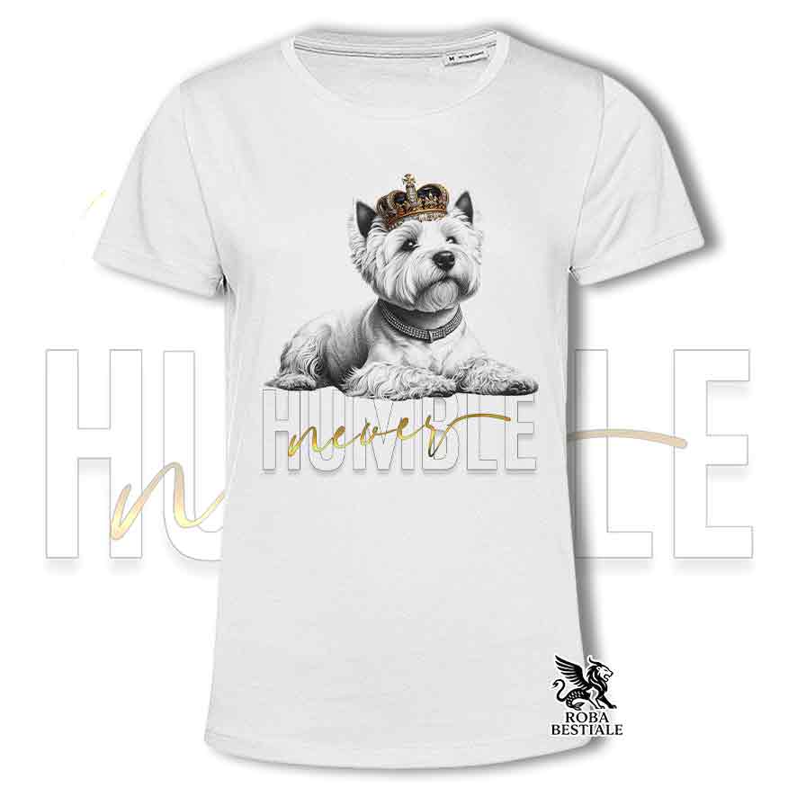 T-shirt bianca stampata con un West Highland White Terrier, grafica Never Humble