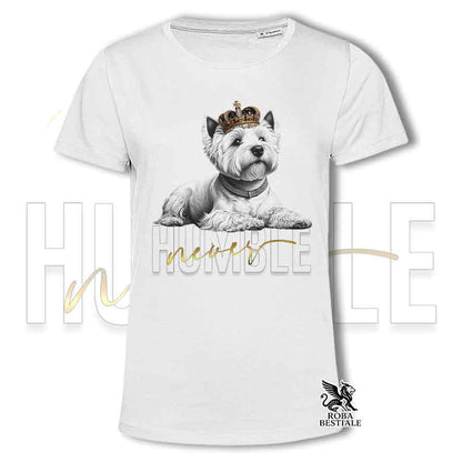 T-shirt bianca stampata con un West Highland White Terrier, grafica Never Humble