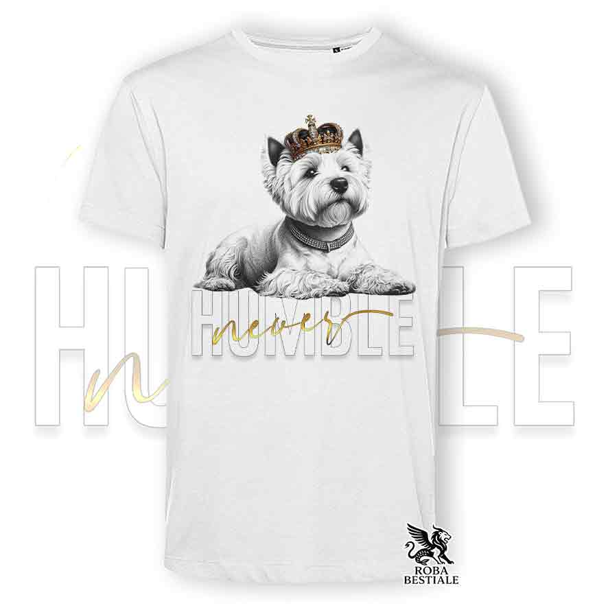 T-shirt bianca stampata con un West Highland White Terrier, grafica Never Humble