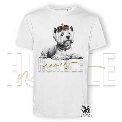 T-shirt bianca stampata con un West Highland White Terrier, grafica Never Humble