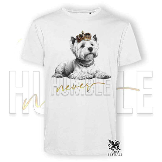 T-shirt bianca stampata con un West Highland White Terrier, grafica Never Humble