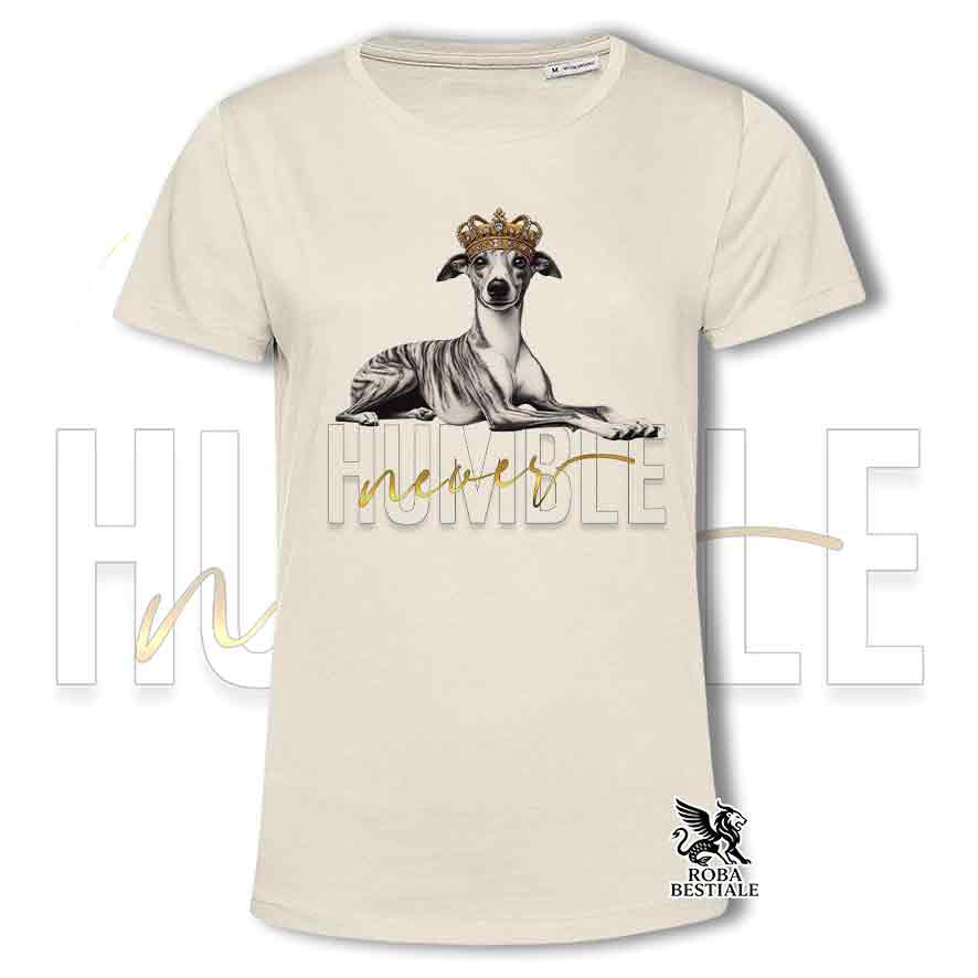 T-shirt beige stampata con un Whippet, grafica Never Humble