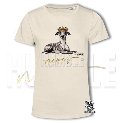 T-shirt beige stampata con un Whippet, grafica Never Humble