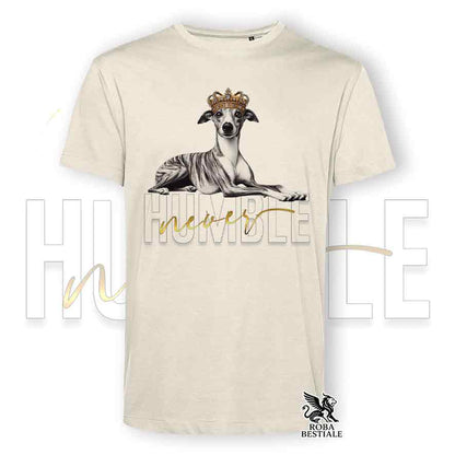 T-shirt beige stampata con un Whippet, grafica Never Humble