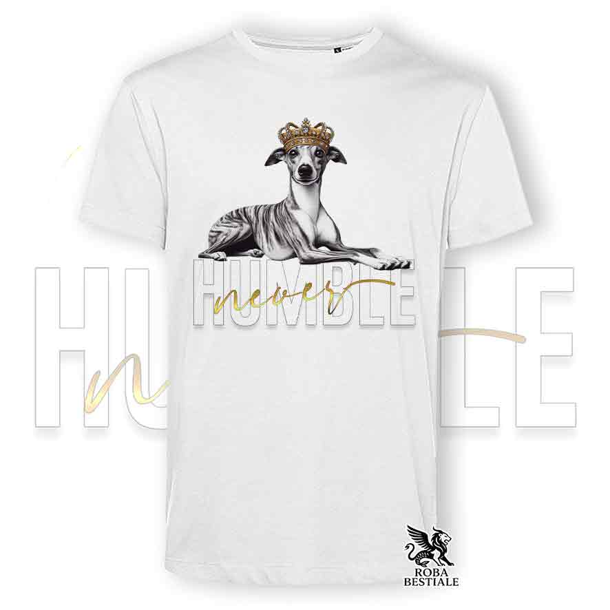 T-shirt bianca stampata con un Whippet, grafica Never Humble