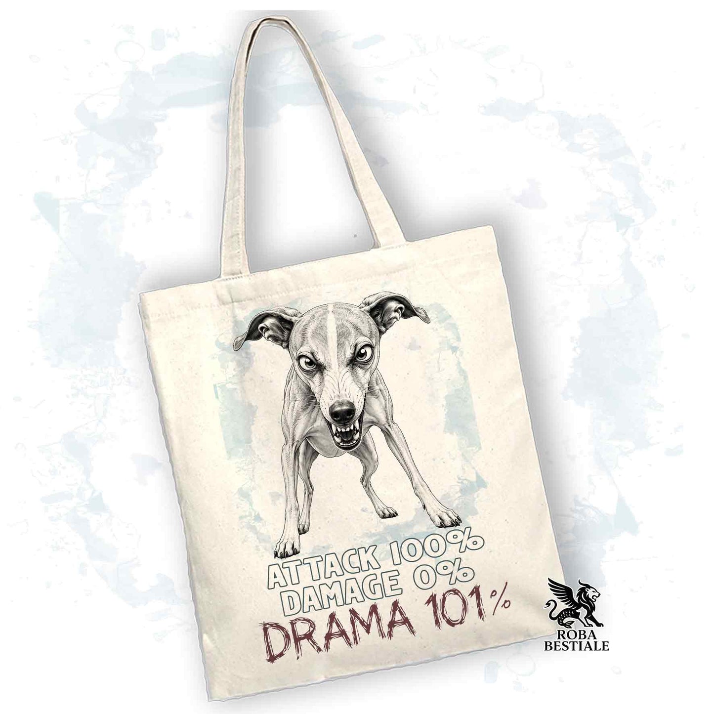 Borsa Tote bianca con stampato un Whippet, grafica Drama 101 originale di Roba Bestiale 