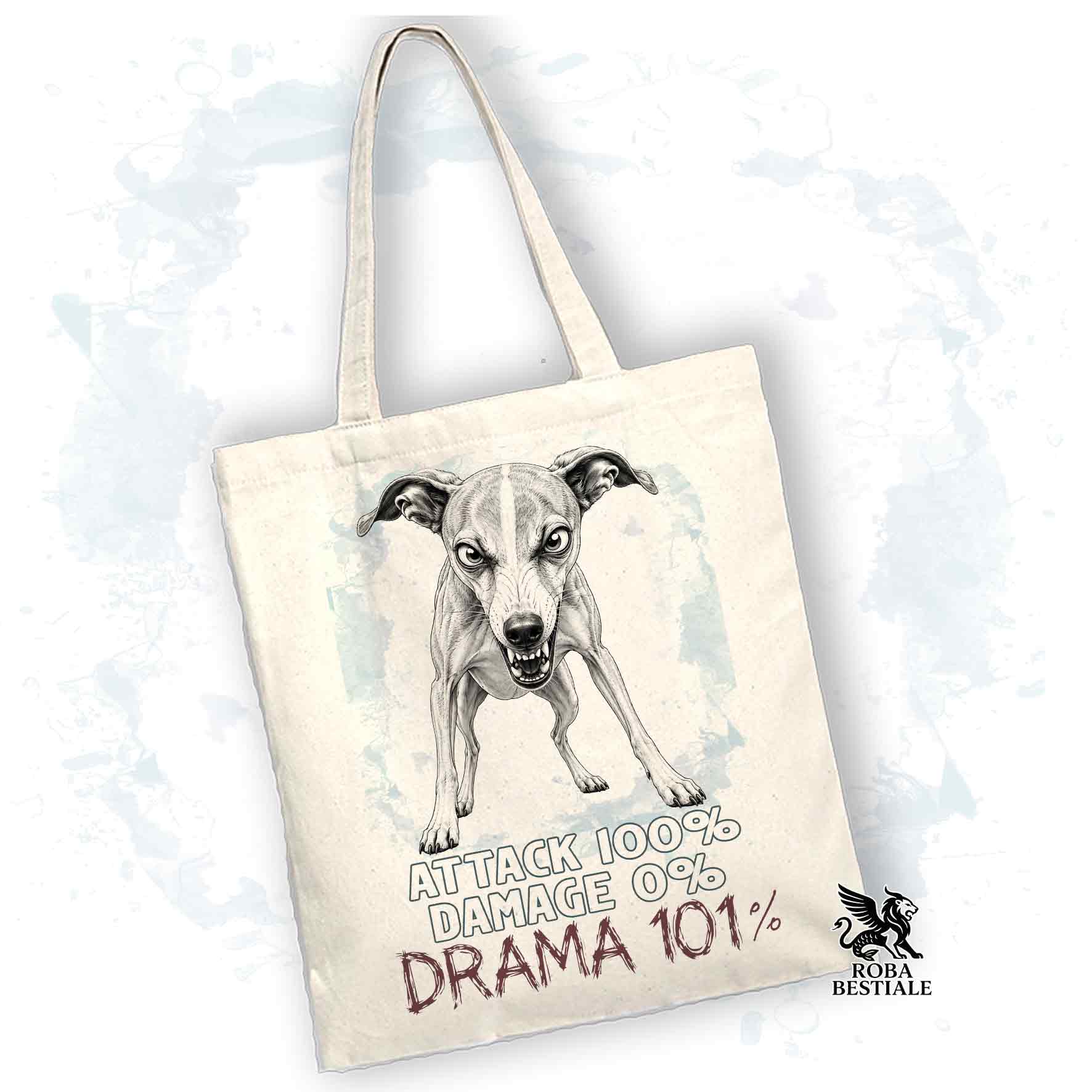 Borsa Tote bianca con stampato un Whippet, grafica Drama 101 originale di Roba Bestiale 