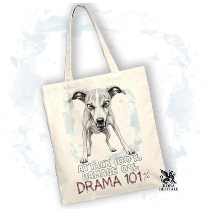 Borsa Tote bianca con stampato un Whippet, grafica Drama 101 originale di Roba Bestiale 