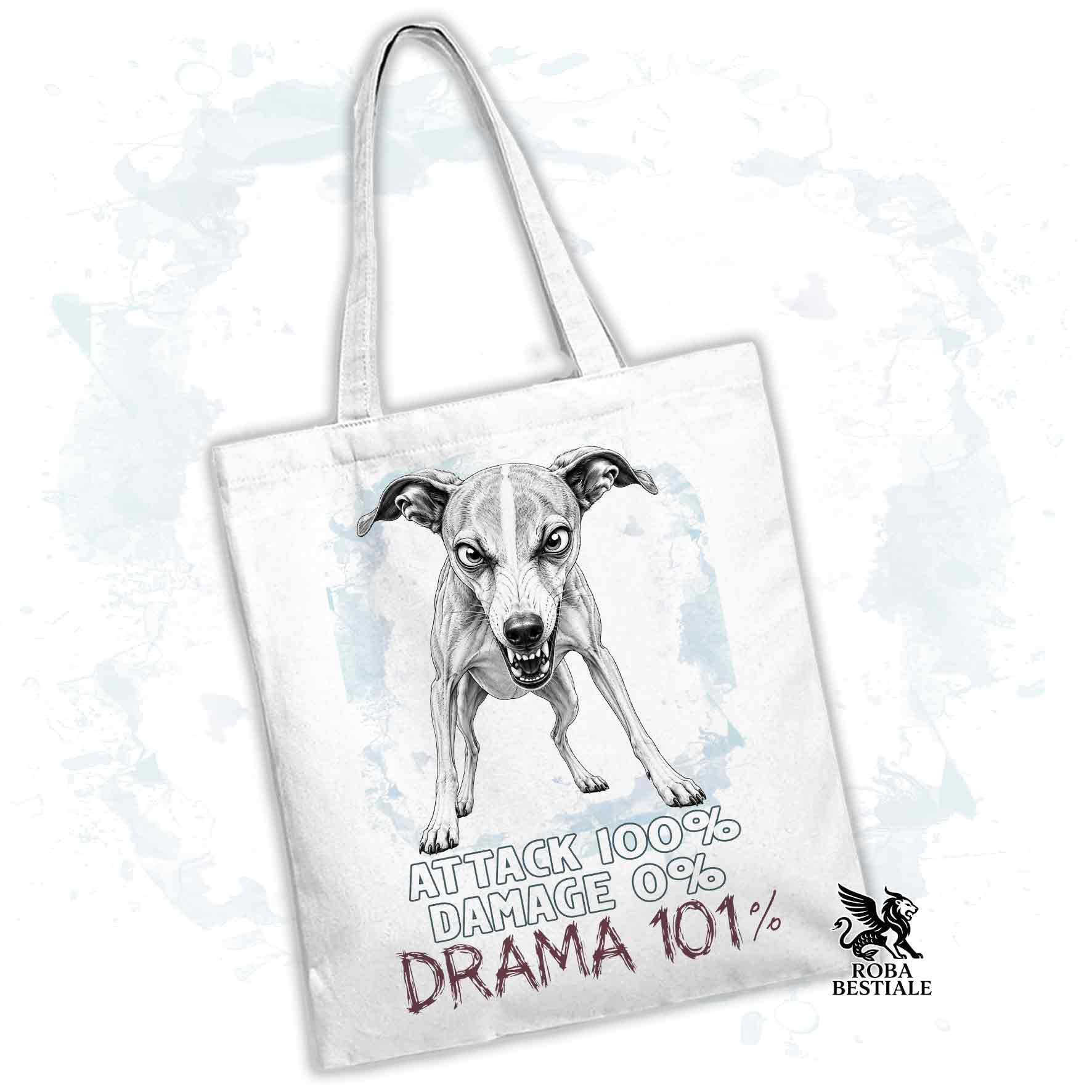 Borsa Tote bianca con stampato un Whippet, grafica Drama 101 originale di Roba Bestiale 