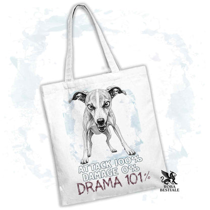 Borsa Tote bianca con stampato un Whippet, grafica Drama 101 originale di Roba Bestiale 