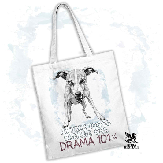 Borsa Tote bianca con stampato un Whippet, grafica Drama 101 originale di Roba Bestiale 