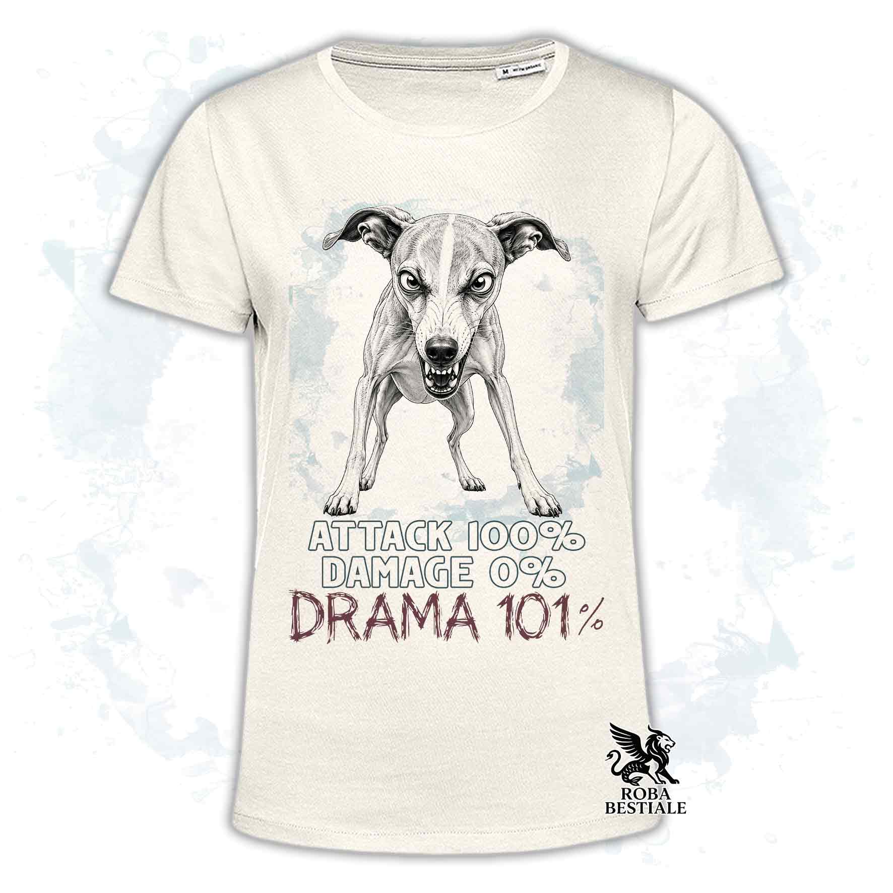 Maglietta beige stampata con un Whippet, collezione originale Drama 101 di Roba Bestiale 