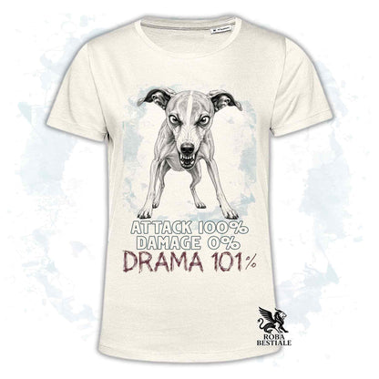 Maglietta beige stampata con un Whippet, collezione originale Drama 101 di Roba Bestiale 