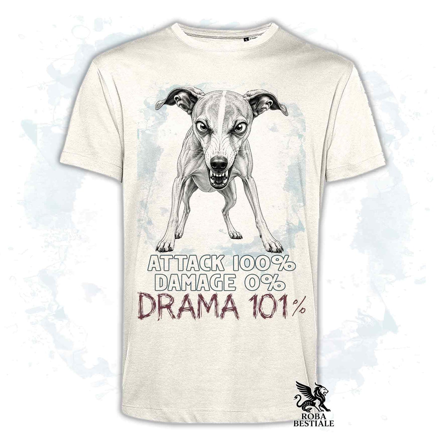 Maglietta beige stampata con un Whippet, collezione originale Drama 101 di Roba Bestiale 
