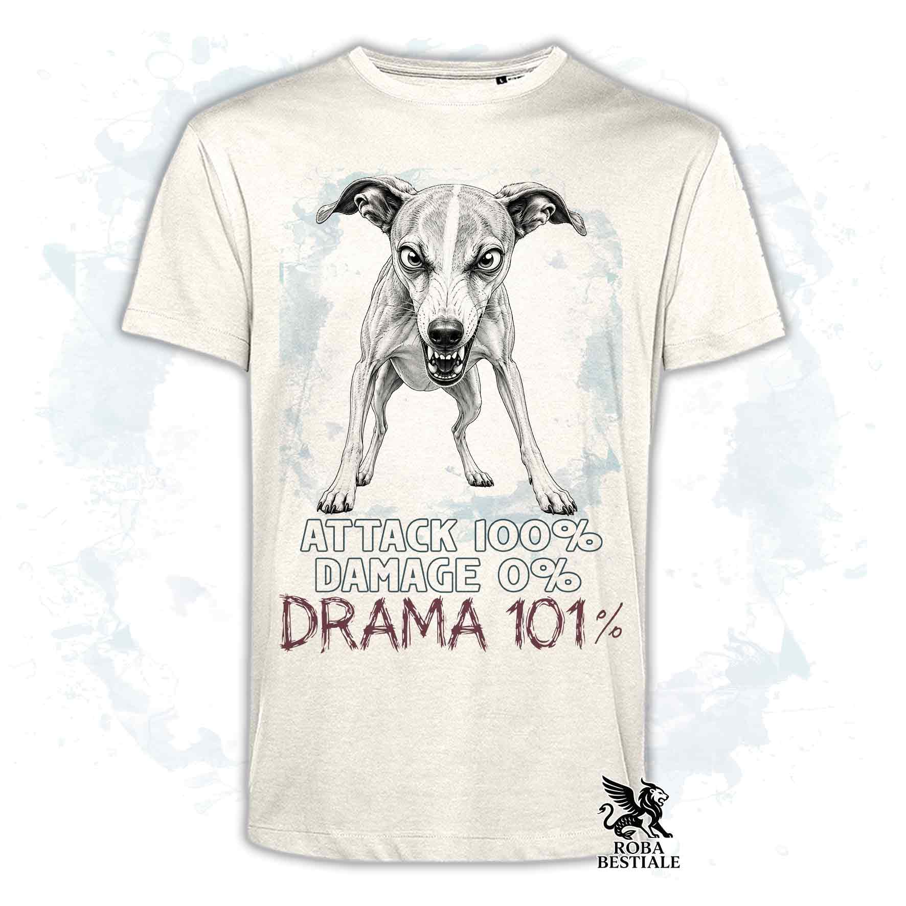 Maglietta beige stampata con un Whippet, collezione originale Drama 101 di Roba Bestiale 