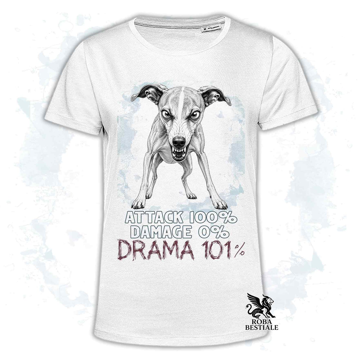 Maglietta bianca stampata con un Whippet, collezione originale Drama 101 di Roba Bestiale 