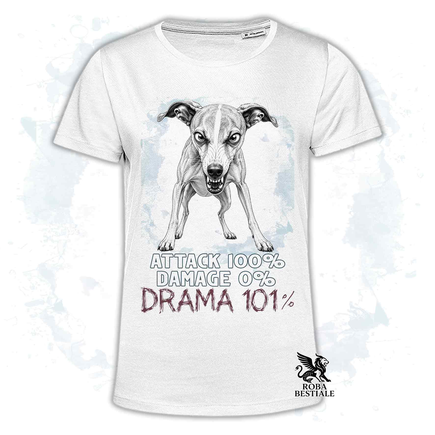 Maglietta bianca stampata con un Whippet, collezione originale Drama 101 di Roba Bestiale 