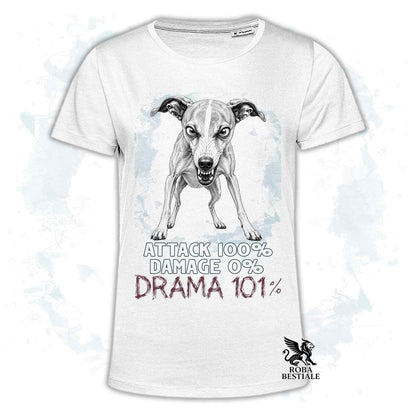 Maglietta bianca stampata con un Whippet, collezione originale Drama 101 di Roba Bestiale 