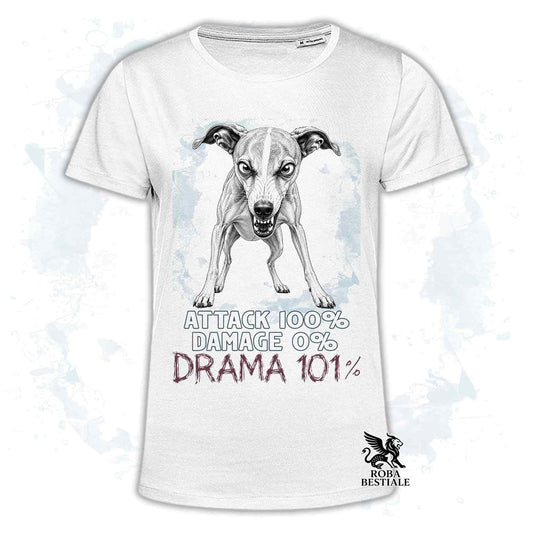 Maglietta bianca stampata con un Whippet, collezione originale Drama 101 di Roba Bestiale 