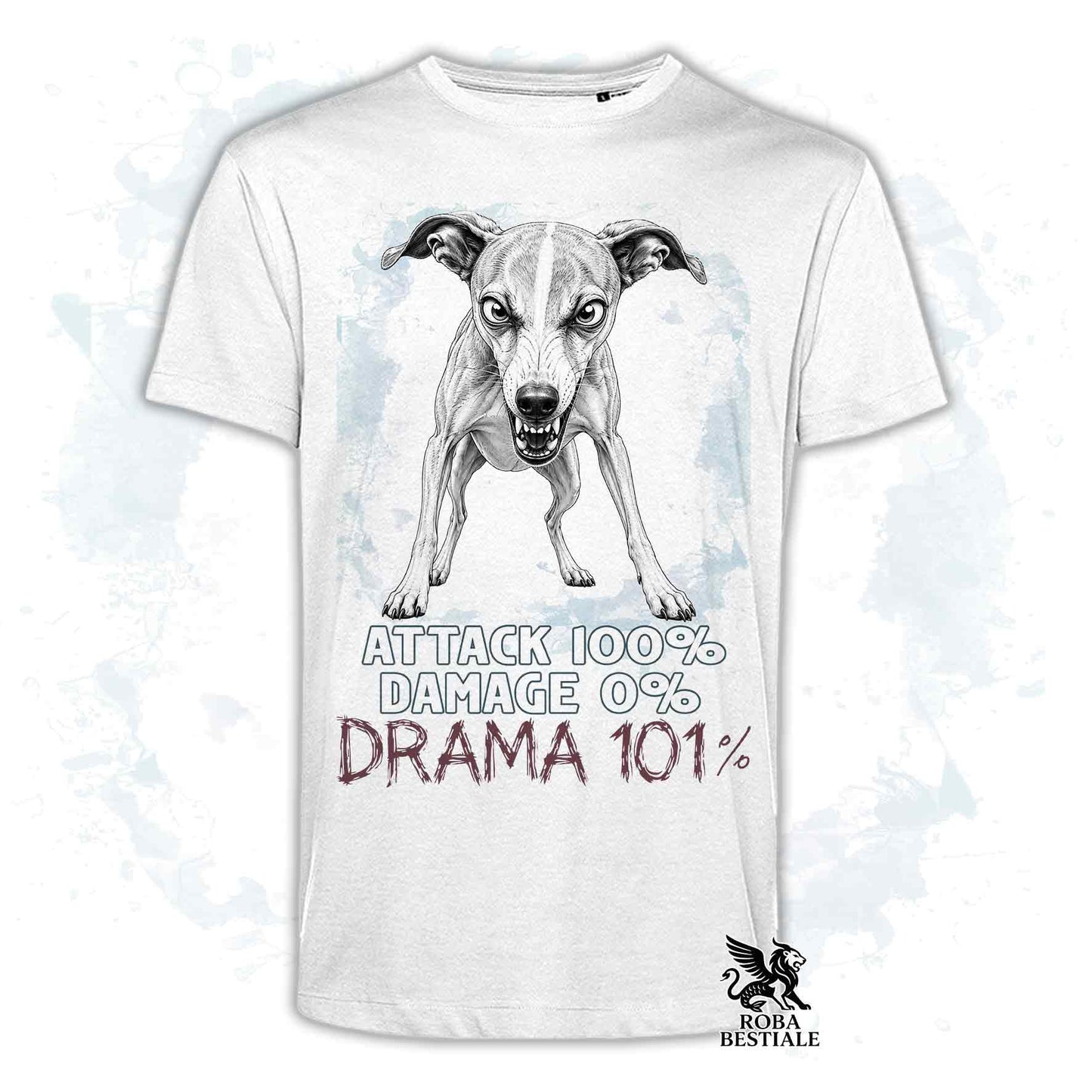 Maglietta bianca stampata con un Whippet, collezione originale Drama 101 di Roba Bestiale 