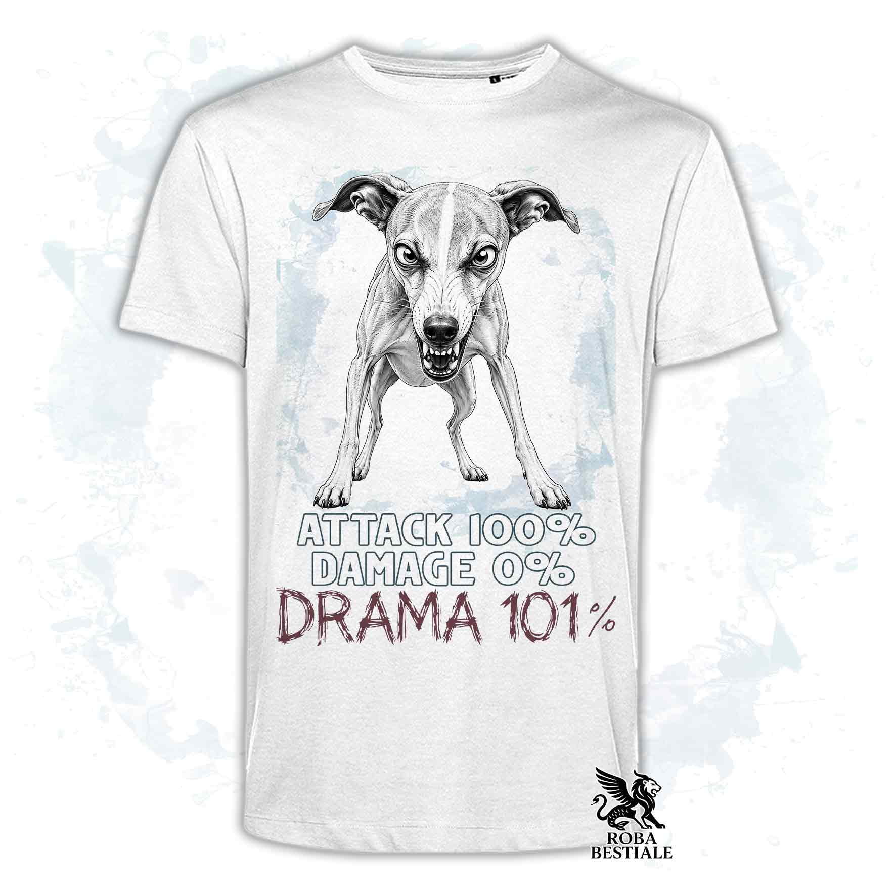 Maglietta bianca stampata con un Whippet, collezione originale Drama 101 di Roba Bestiale 