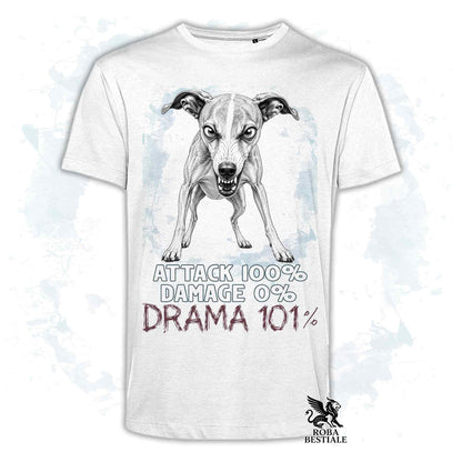 Maglietta bianca stampata con un Whippet, collezione originale Drama 101 di Roba Bestiale 