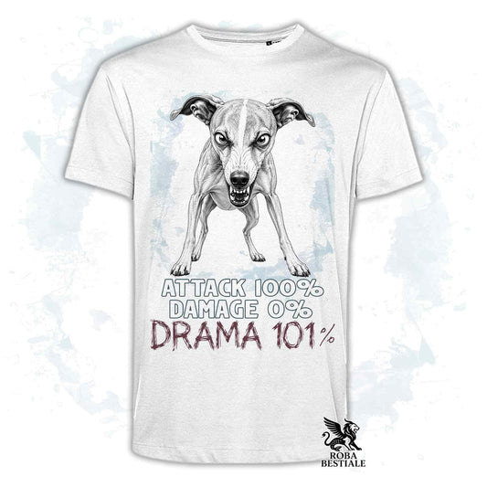 Maglietta bianca stampata con un Whippet, collezione originale Drama 101 di Roba Bestiale 