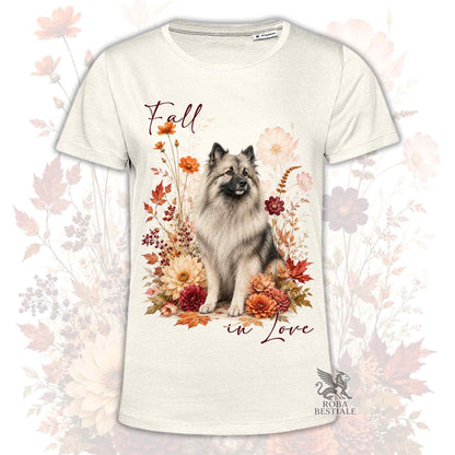 T-shirt chiara con grafica di lupo grigio, fiori autunnali e scritta “in Love”