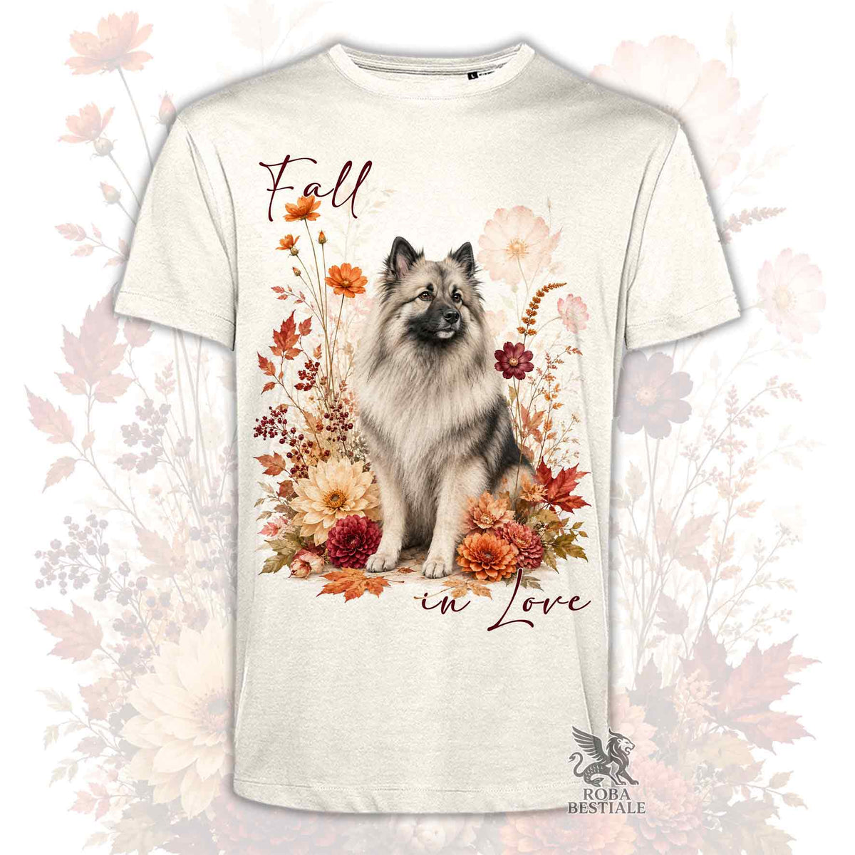 T-shirt chiara con lupo al centro e composizione floreale, “Fall” in alto