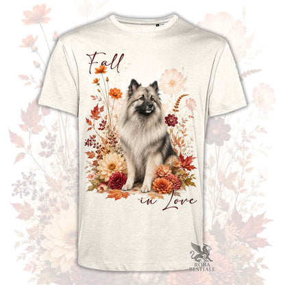 T-shirt chiara con lupo al centro e composizione floreale, “Fall” in alto
