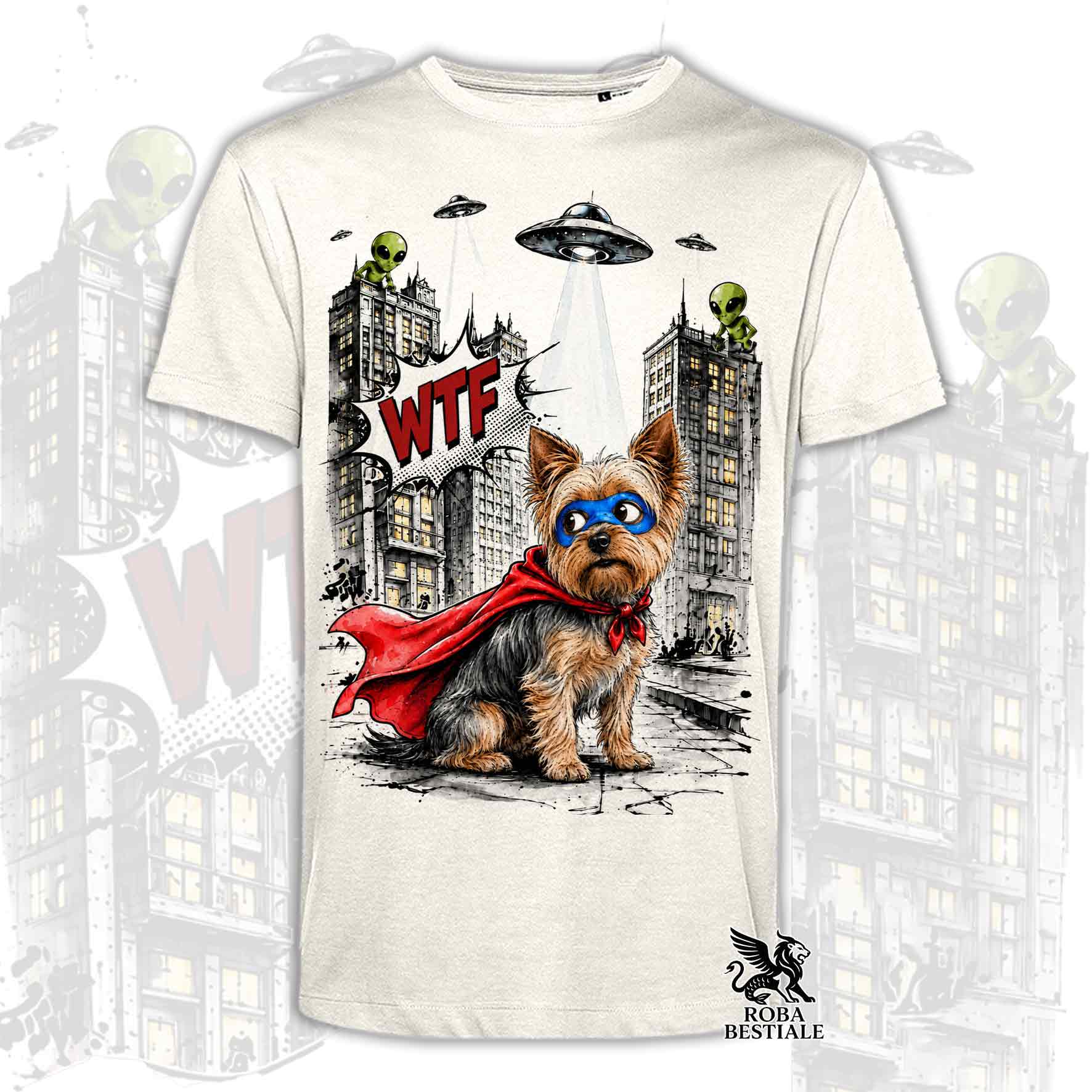 T-shirt beige stampata con un Yorkshire Terrier con espressione sorpresa, vestito da Super Eroe. Grafica originale Roba Bestiale, collezione Hero