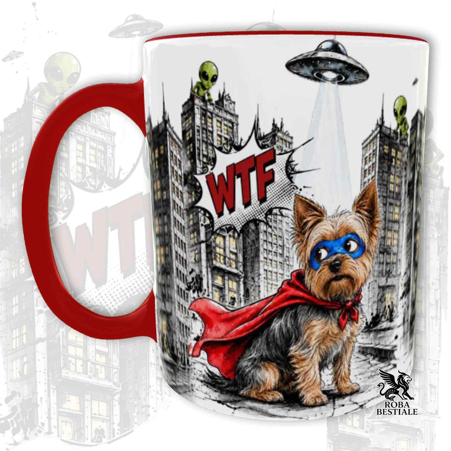 Tazza rossa stampata con un Yorkshire Terrier con espressione sorpresa, vestito da Super Eroe. Grafica originale Roba Bestiale, collezione Hero